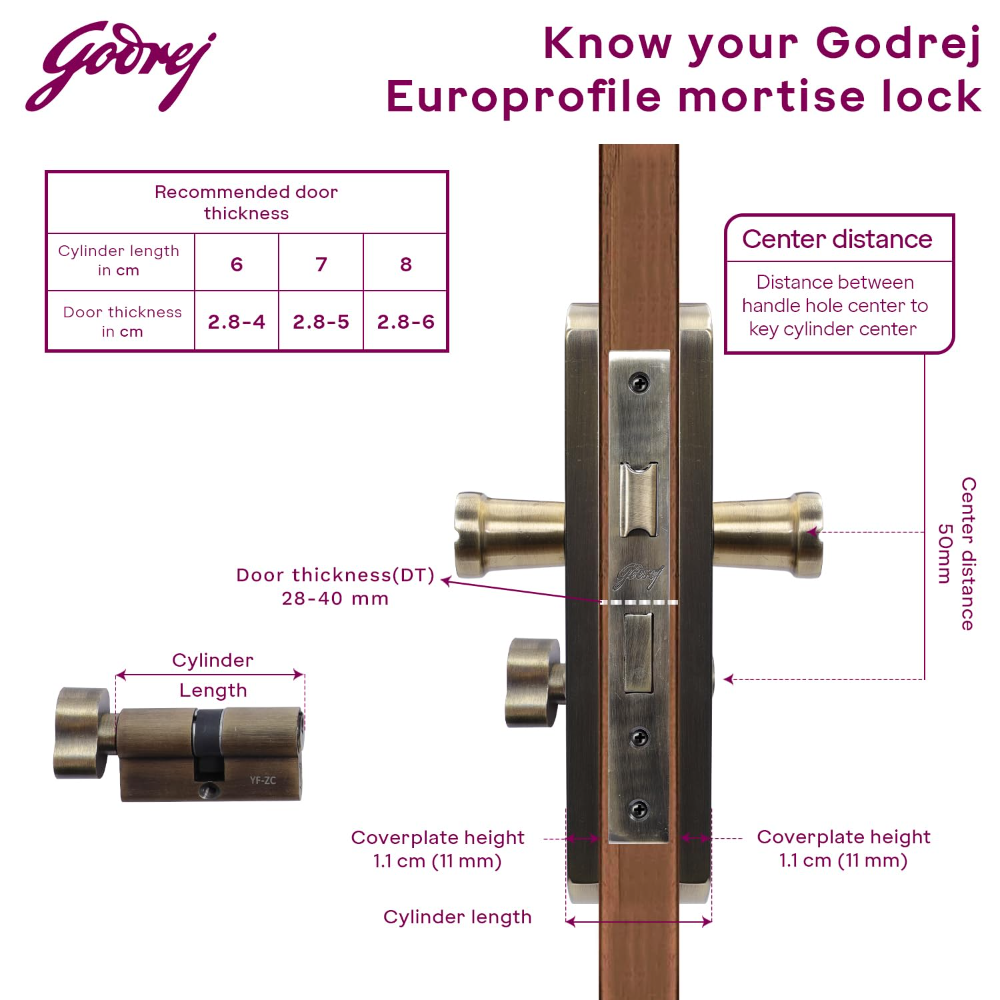Godrej Mortise Lock I EuroProfile 60mm Cylinder | Double Throw Deadbolt | Common Keys | Reversible Latch | Antique Brass Finish | Anti-Corrosion Brass Body | 5 Year Warranty